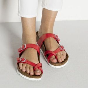 Birkenstock Red Leather Sandals White Soles